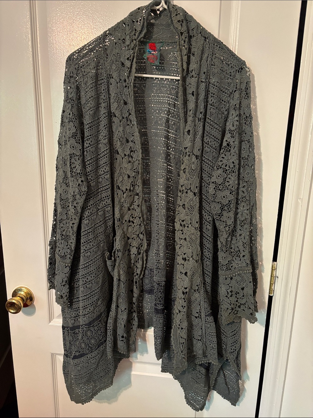 Johnny Was Charcoal Crochet Open-Front Cardigan
